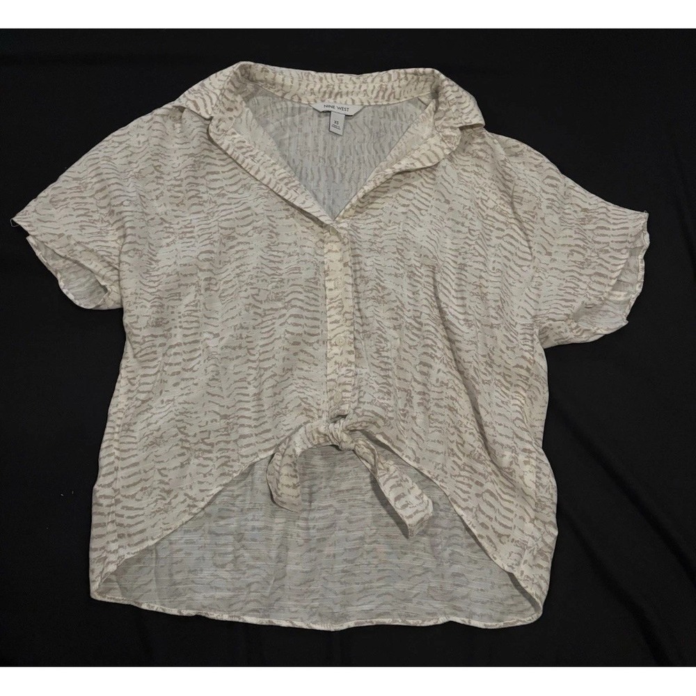 Nine West Tan & Off White Button Up Tie Waist Short Sleeve Top Women's XS.